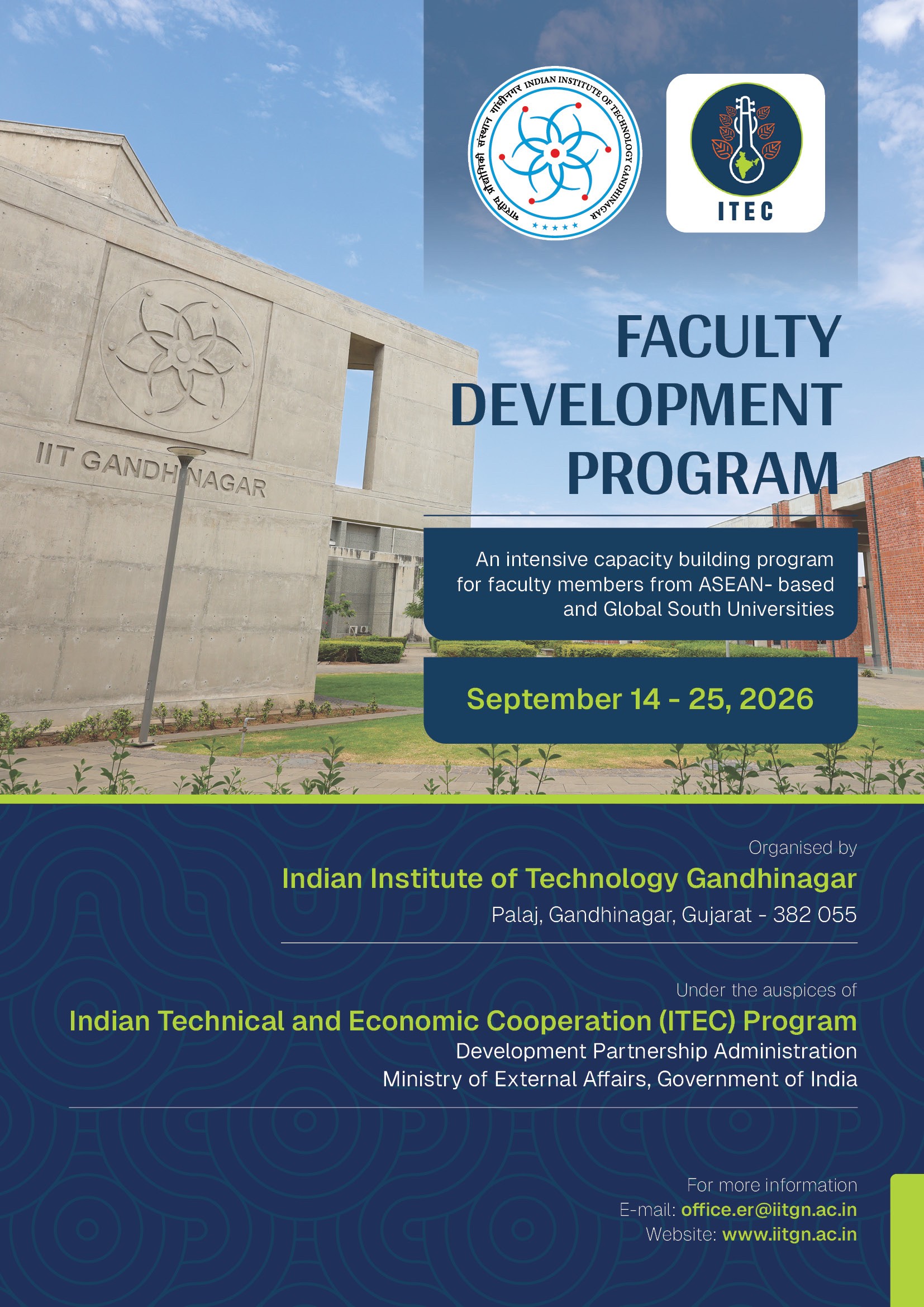Thông báo học bổng ITEC tham gia Chương trình Phát triển Năng lực Giảng viên tại IIT Gandhinagar, Ấn Độ